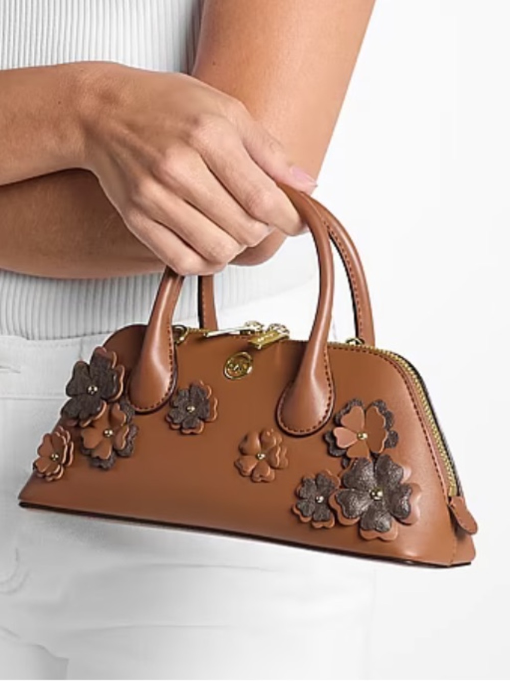 Michael Kors Tan Brown Floral Applique Satchel